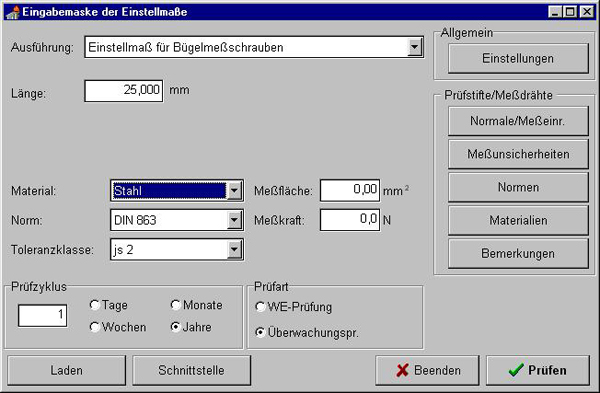 Eingabemaske der Einstellmaße